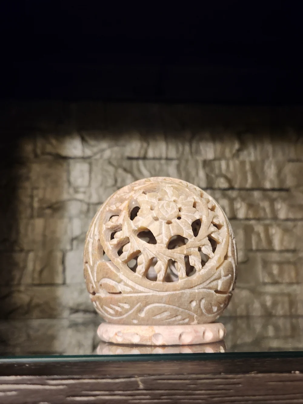 Handcrafted Carved Soapstone Tealight Holder With Floral Cutouts